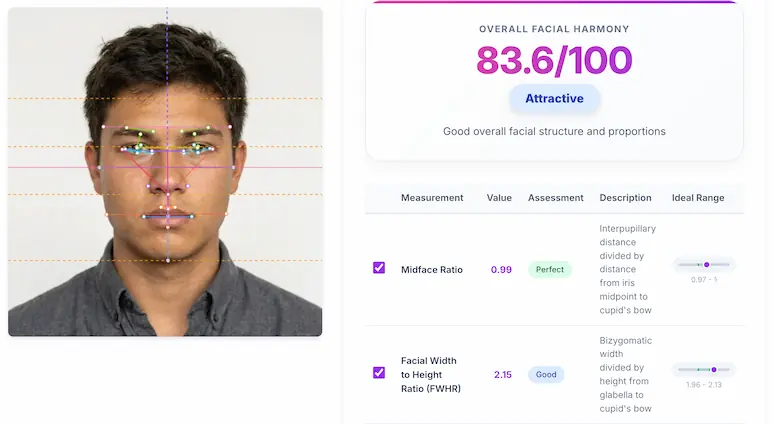 Lookrank facial measurements screen: landmark points on a face and a table of ratios such as midface ratio and facial width to height.
